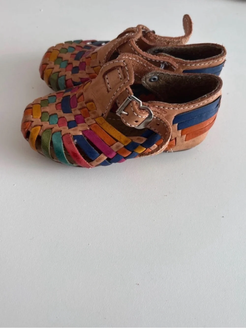 Kids Tan Leather Woven Sandals with Colorful Accents 2